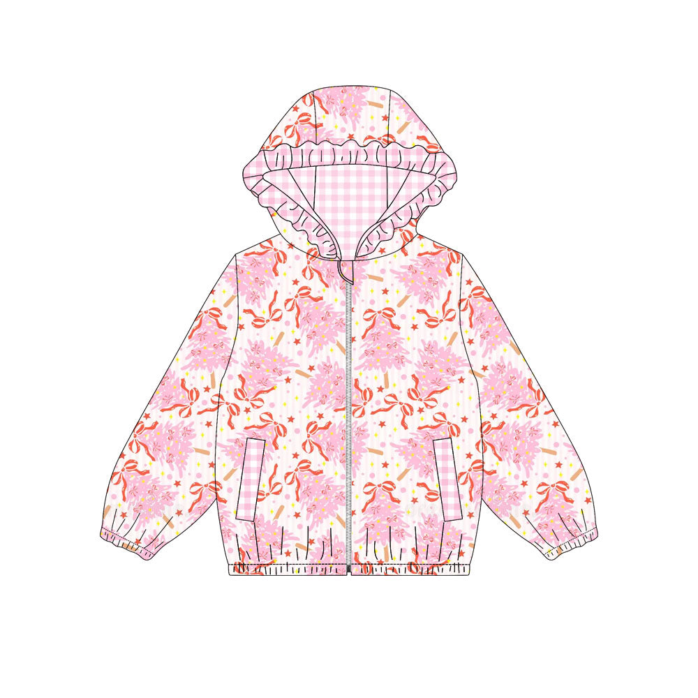 Preorder(moq 5) Baby Girls Pink Bows Trees Pockets Zip Christmas Ruffle Hoodie Jackets Top