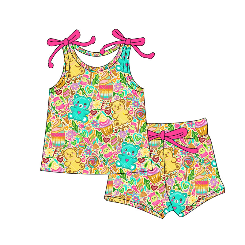 Preorder moq 5 Baby Girls Bows Sleeveless Floral Cakes Top Short Set