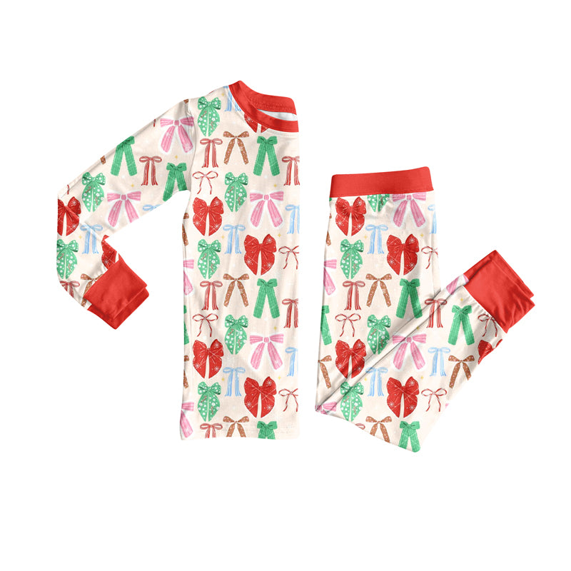 preorder(moq 5) Baby Girls Long Sleeves Colorful Bows Plaid Top Pants Pajamas Set