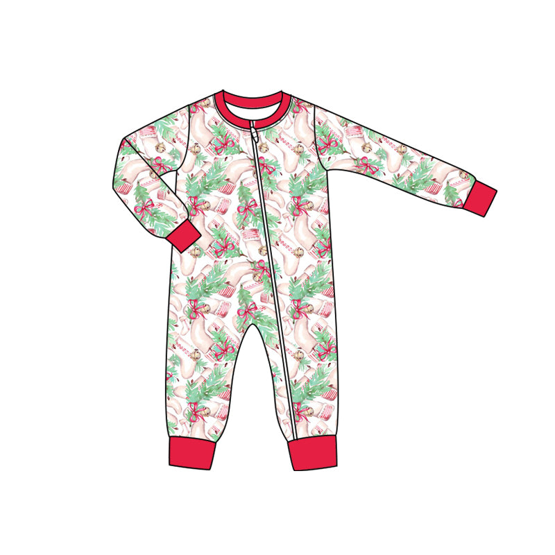 Preorder moq 5 Baby Infant Boys Long Sleeves Christmas Socks Bows Plaid Zipper Romper