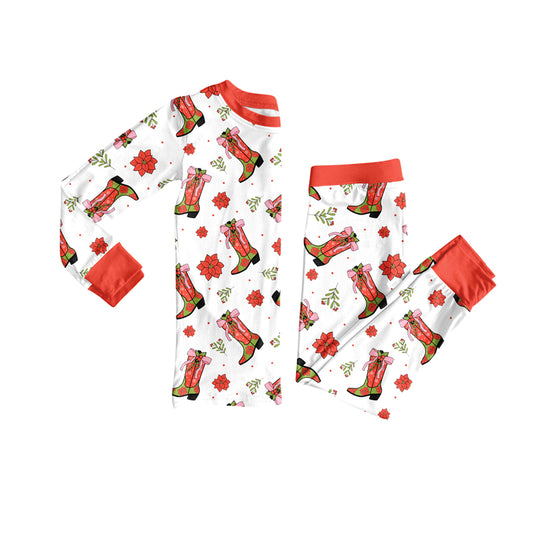Preorder (moq 5)Baby Girls Long Sleeves Red Flower Boots Top Pant Pajamas Set