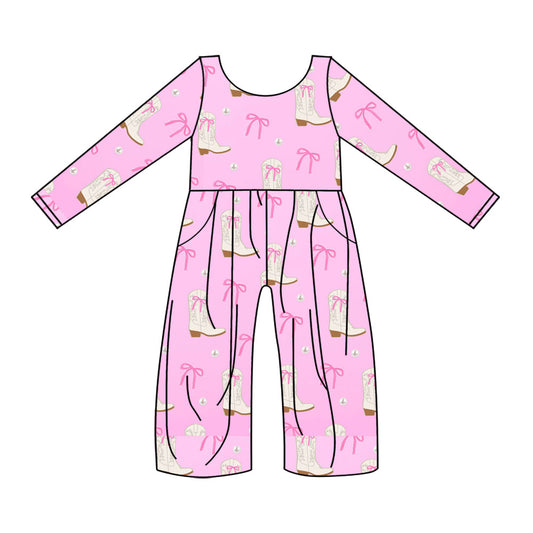 Preorder(moq 8)Baby Girls Pink Bows Boots Western Pockets Pant Jumpsuits