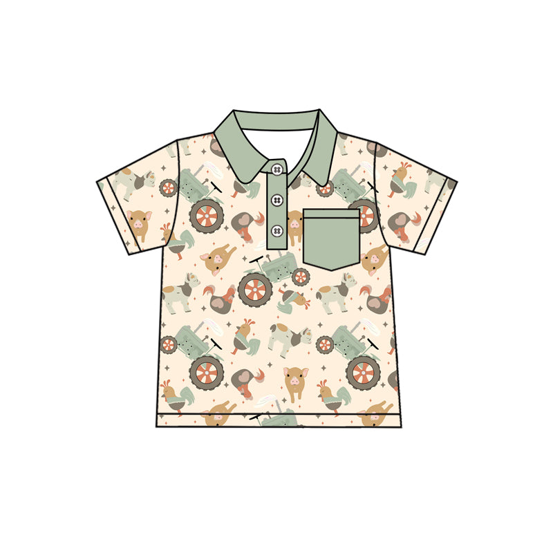 Preorder (moq 5)Baby Boys Green Short Sleeves Button Pocket Chicks Pigs Farm Polo Shirts Top