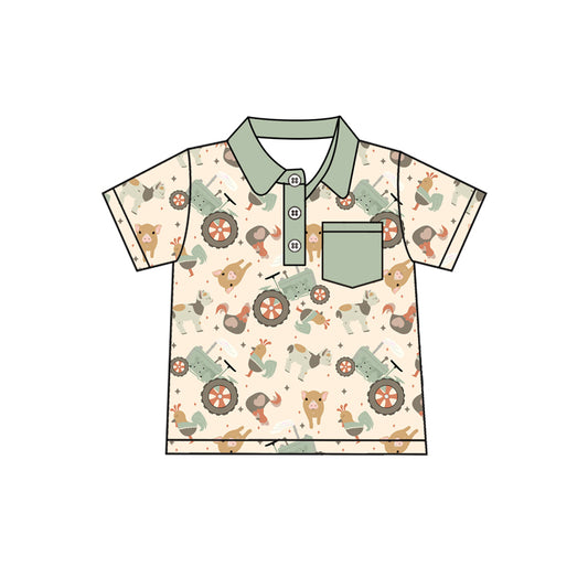 Preorder (moq 5)Baby Boys Green Short Sleeves Button Pocket Chicks Pigs Farm Polo Shirts Top