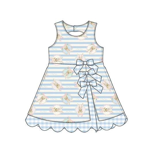 Preorder (moq 5) Baby Girl Clothes Easter Bunny Vintage Blue Stripe Print Sleeveless Bow Scallop Hem Boutique Dress
