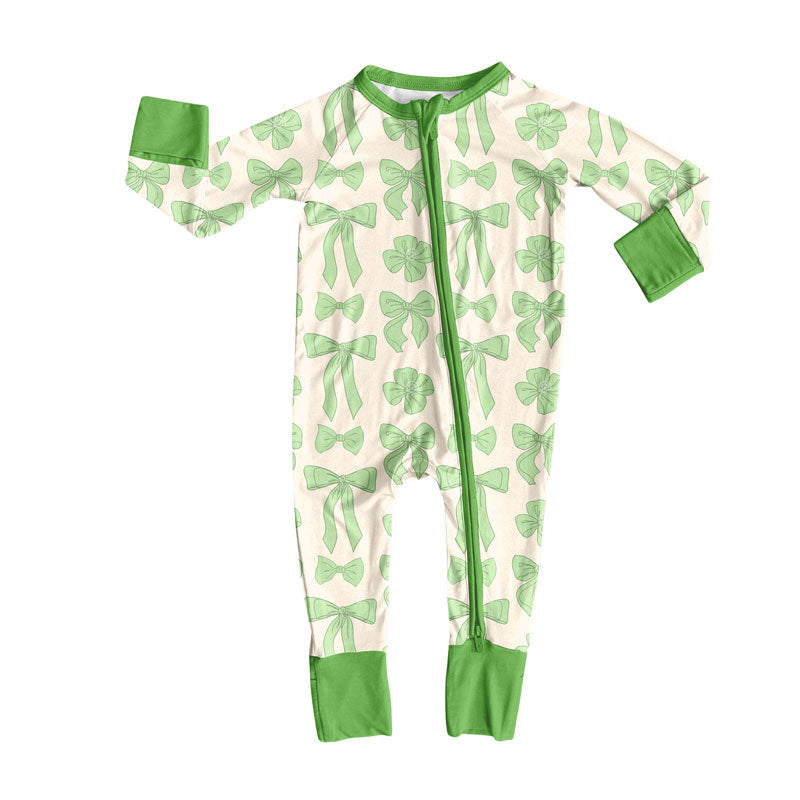 Preorder (moq 5)Baby Girls Light Green Bows St Patrick Zipper Footie Rompers