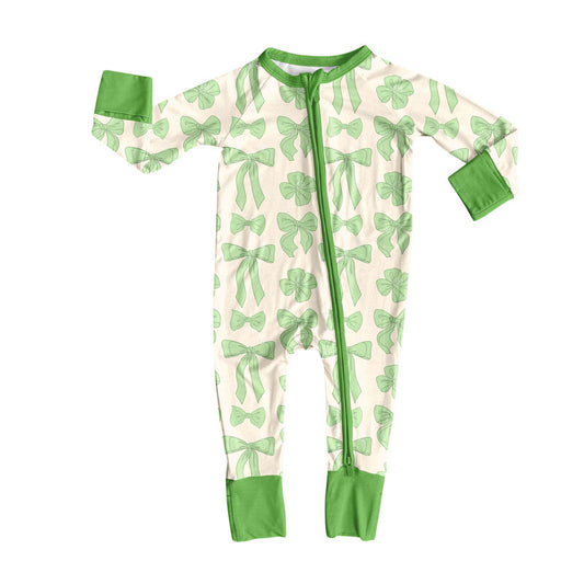 Preorder (moq 5)Baby Girls Light Green Bows St Patrick Zipper Footie Rompers