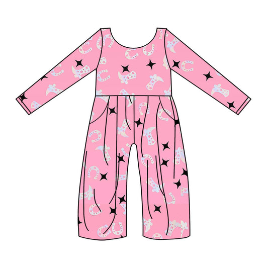 Preorder(moq 8)Baby Girls Pink Stars Boots Horse Shoes Western Pockets Pant Jumpsuits