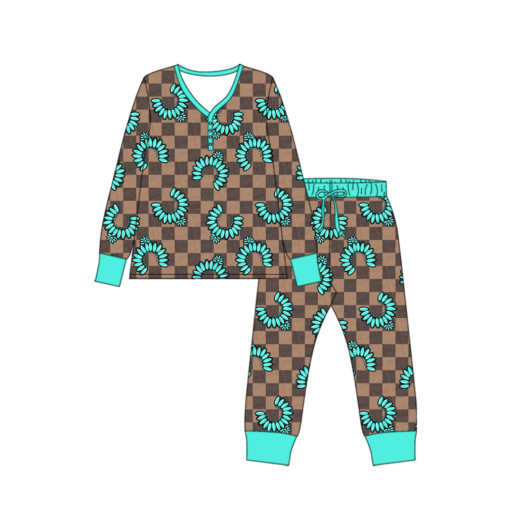 Preorder (moq 5)Baby Kids Long Sleeve Khaki Checked Turquoises Top Pants Western Pajamas Sets