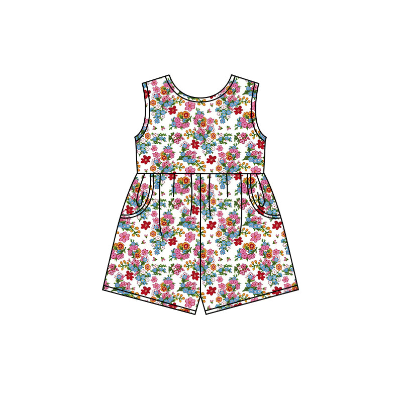 Preorder (moq 5)Baby Girls Blue Red Flowers Shorts Pockets Jumpsuits