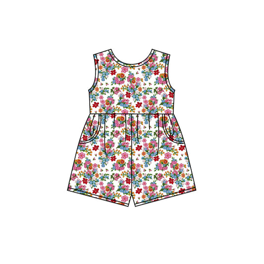 Preorder (moq 5)Baby Girls Blue Red Flowers Shorts Pockets Jumpsuits