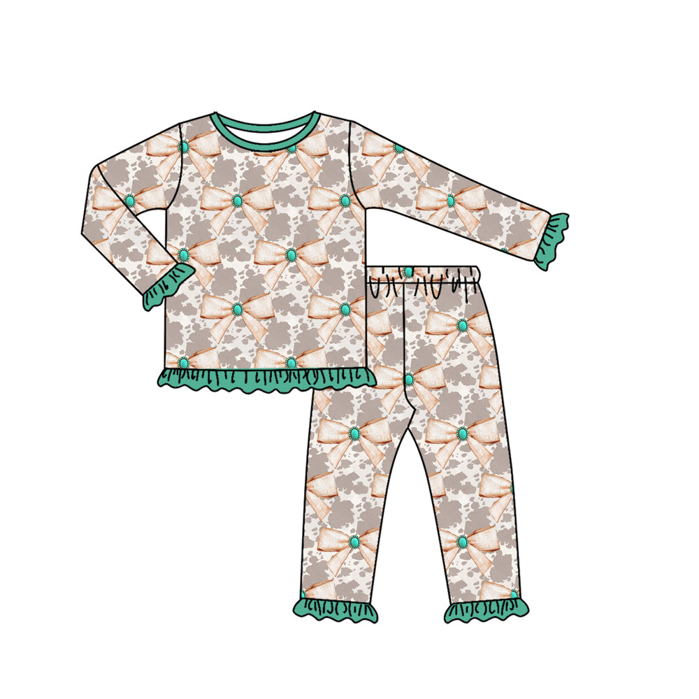 Preorder (moq 5)Baby Girls Long Ruffle Sleeves Cow Print Bows Plaid Top Pant Pajamas Set