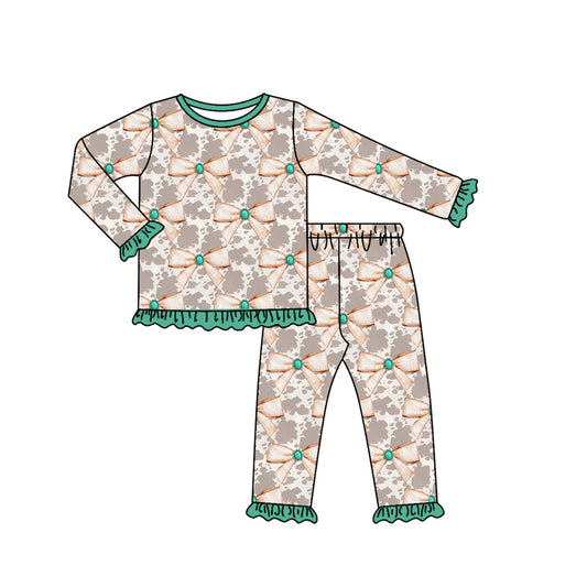 Preorder (moq 5)Baby Girls Long Ruffle Sleeves Cow Print Bows Plaid Top Pant Pajamas Set