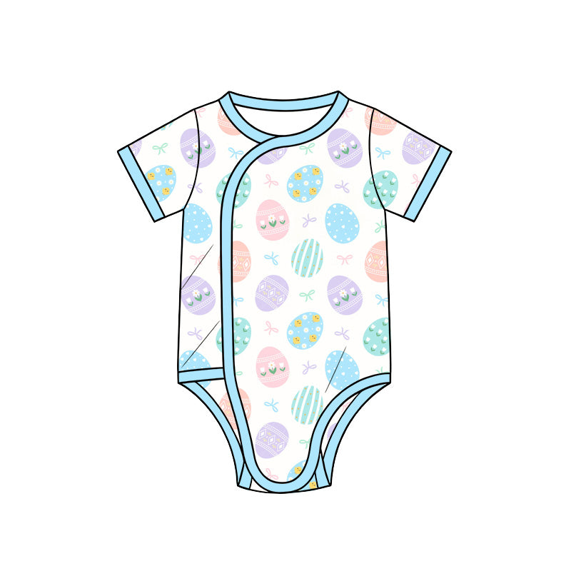 Preorder (moq 5) Baby Girl Clothes Pastel Easter Egg Bow Mixed Print Short Sleeve Side Snap Baby Bodysuit