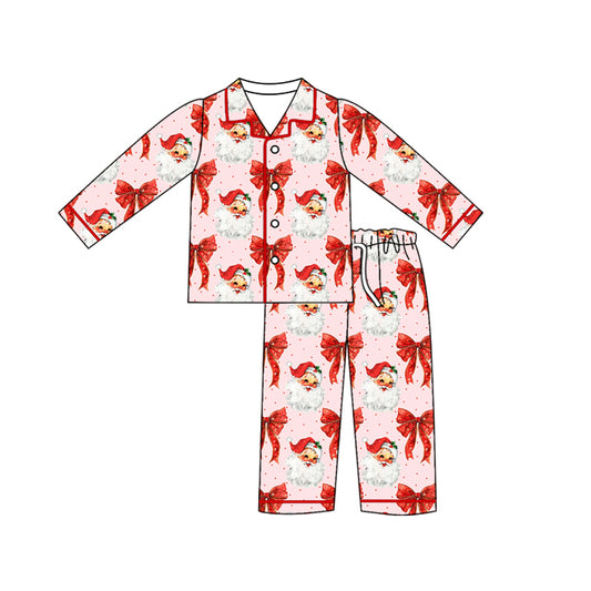 Preorder (moq 5)Baby Girls Christmas Red Bows Buttons Top Pants Pajamas