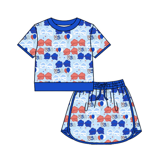 Preorder (moq 5)Baby Girls Red Blue Glasses USA Top Skirt Shorts 4th of July Clothes Sets