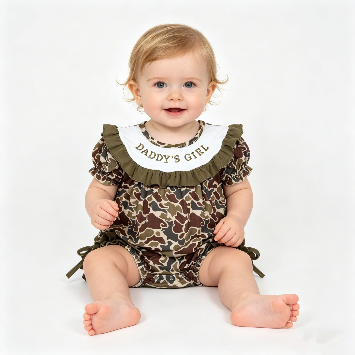 Embroidery Daddy's Girl Southern Dark Khaki Camo Ruffle Rompers