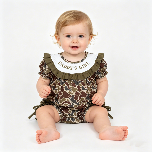 Embroidery Daddy's Girl Southern Dark Khaki Camo Ruffle Rompers