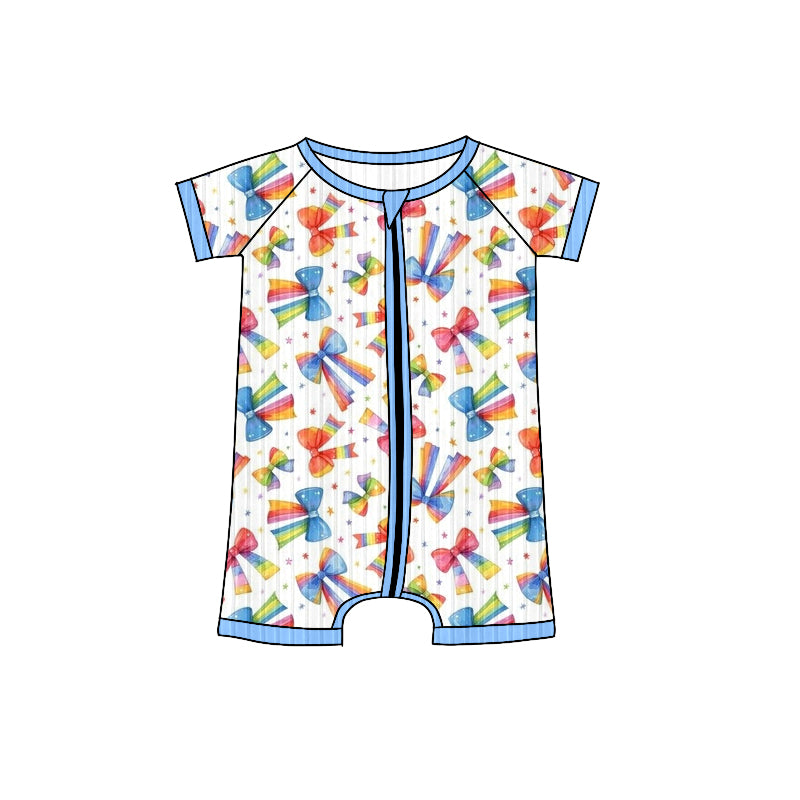 Preorder (moq 5)Baby Girls Blue Short Sleeves Colorful Bows Stars Ribbed Zipper Rompers