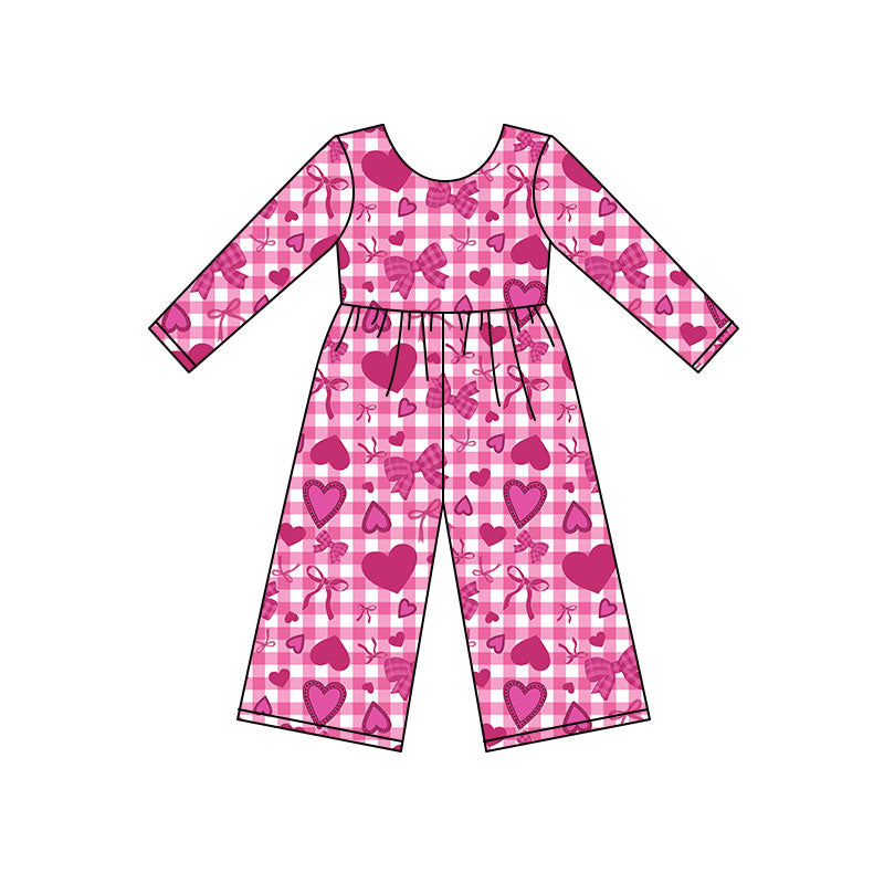 Preorder(moq 8)Baby Girls Pink Checked Bows Hearts Valentine Pant Jumpsuits