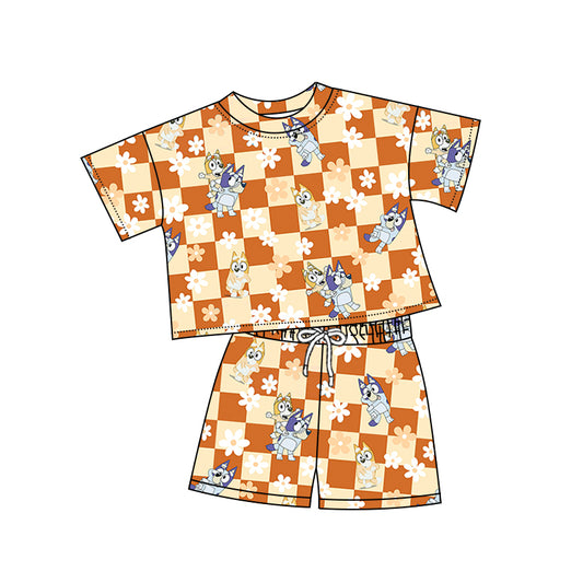 Preorder (moq 5)Baby Girls Orange Checkered Flowers Dogs Top Shorts Clothes Sets