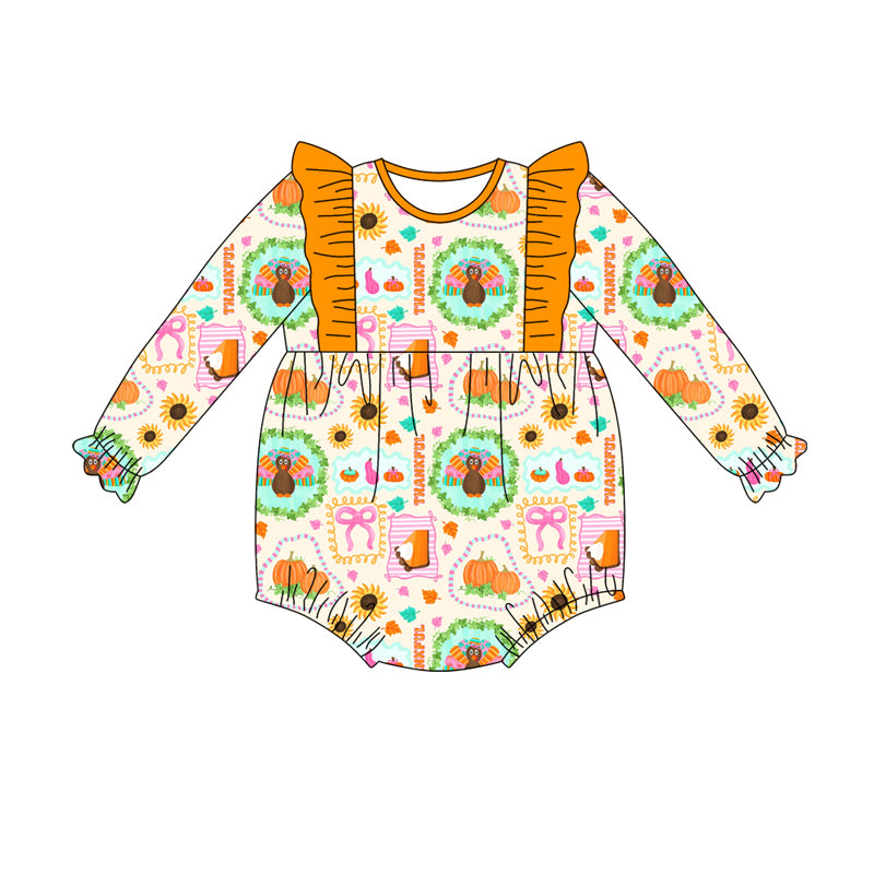 Preorder(moq 5)Baby Girls Turkey Pumpkins Plaid Ruffle Rompers
