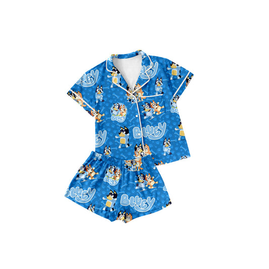 Preorder (moq 5)Baby Girls Hot Blue Cartoon Dogs Paws Buttons Pocket Top Shorts Pajamas Sets