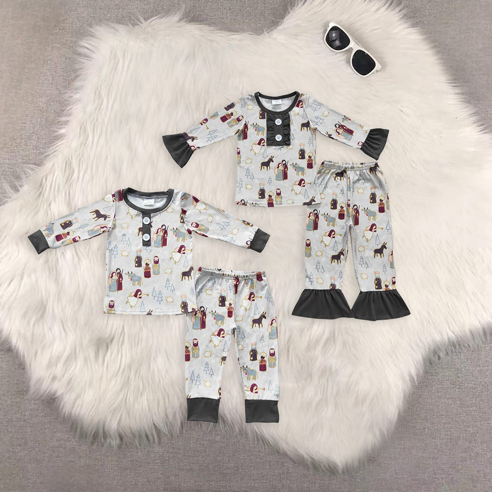 Sibling Baby Kids Gray Christmas Nativity Pajamas Sets
