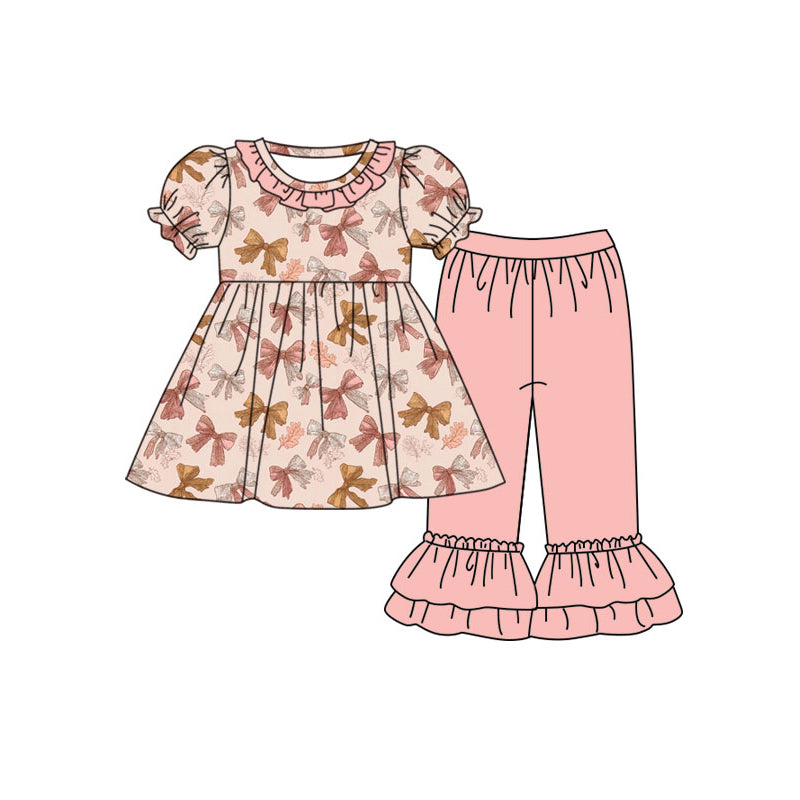 Preorder (moq 5)Baby Girls Colorful Bows Leaves Tunic Ruffle Pant Fall Clothes Sets