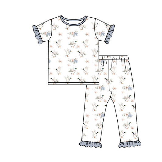 Preorder (moq 5) Baby Girl Clothes Duck Floral Mixed Print Short Sleeve Ruffle Pant Set