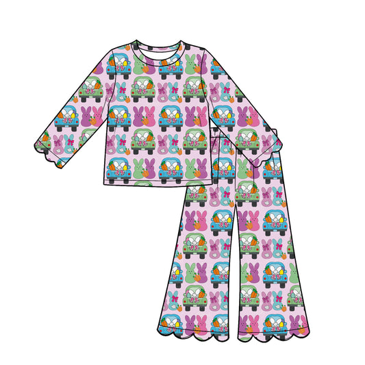 Preorder (moq 5) Baby Girl Clothes Easter Bunny Truck Print Long‑Sleeve Top Scalloped Flare Pants Set