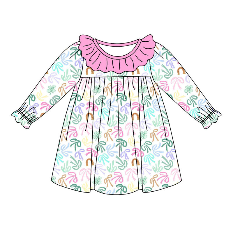 Preorder (moq 5) Baby Girls Long Ruffle Sleeve Colorful Bows Knee Length Dress