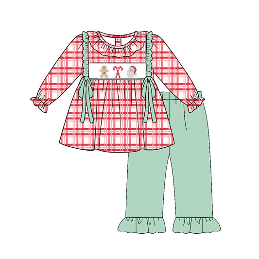 Preorder (moq 5)Baby Girls Gingerbread Santa Checked Tunic Ruffle Pant Christmas Clothes Sets