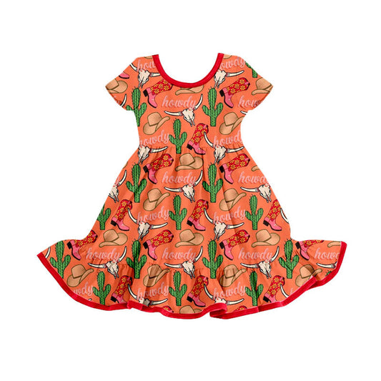 Preorder(moq 8)Baby Girls Hats Boots Bull Skulls Cactus Western Ruffle Knee Length Dresses