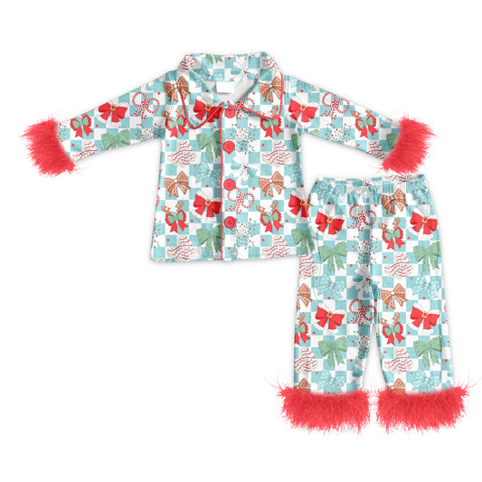 Preorder (moq 5)Baby Girls Long Sleeves With Fur Blue Plaid Colorful Bows Top Pant Pajamas Set