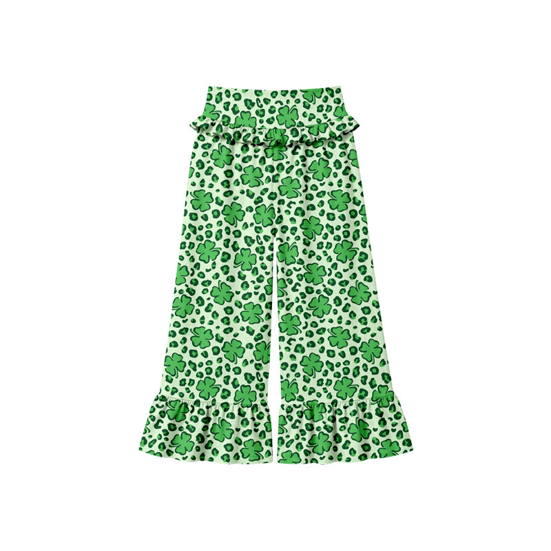 Preorder (moq 5) Baby Girl Clothes Clover Leopard Mixed Print Long Waist Ruffle Bell Bottom Pants