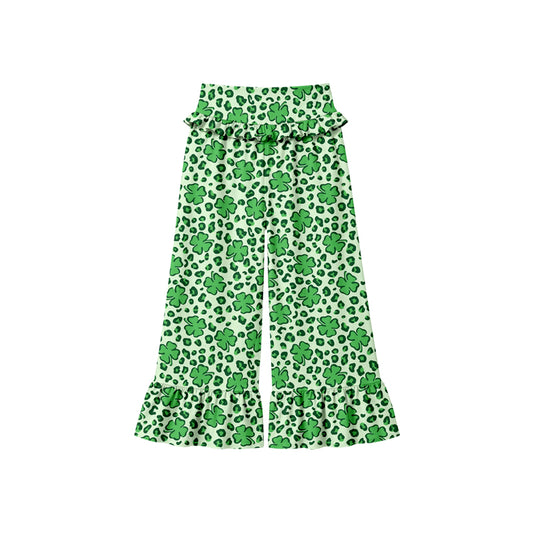 Preorder (moq 5) Baby Girl Clothes Clover Leopard Mixed Print Long Waist Ruffle Bell Bottom Pants