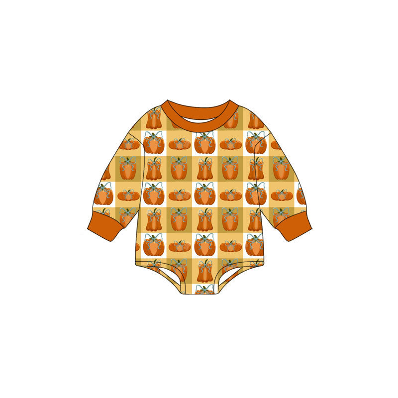 Preorder (moq 5)Baby Girls Long Sleeve Bows Pumpkins Checked Fall Rompers