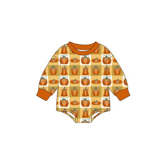 Preorder (moq 5)Baby Girls Long Sleeve Bows Pumpkins Checked Fall Rompers