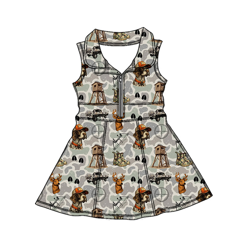 Preorder (moq 5)Baby Girls Southern Grey Camo Deer Dogs Hunting Zipper Knee Length Dress