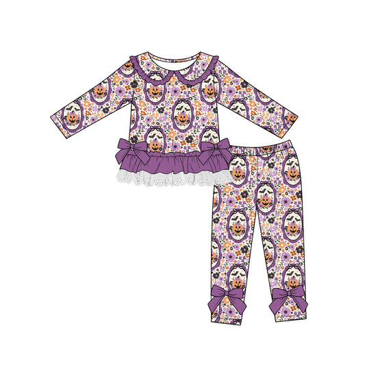 Preorder (moq 5)Baby Girls Flowers Ghost Pumpkins Lace Ruffle Top Leggings Halloween Sets