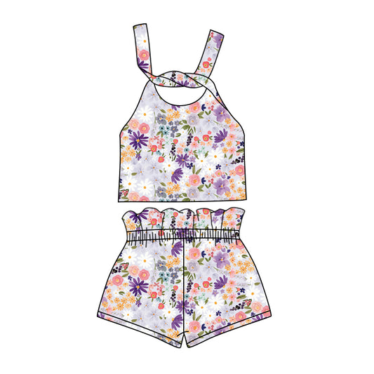 Preorder (moq 5)Baby Girls Purple Flowers Straps Top Shorts Clothes Sets