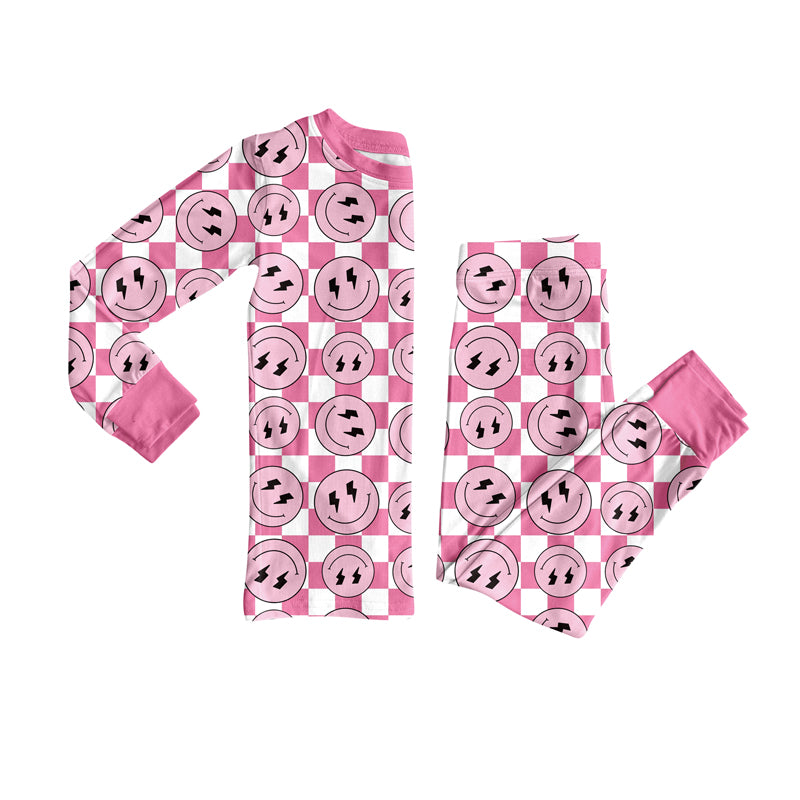 Preorder(moq 5) Baby Girls Western Pink Checkered Smiles Top Pants Lounge Wear Pajamas Sets