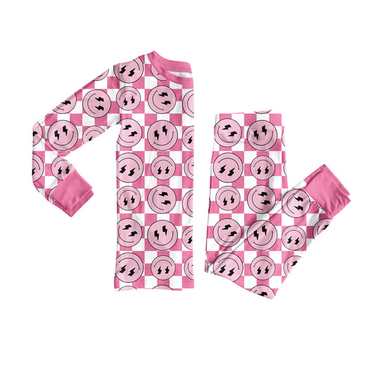 Preorder(moq 5) Baby Girls Western Pink Checkered Smiles Top Pants Lounge Wear Pajamas Sets