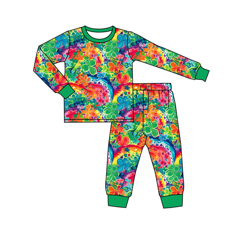 Preorder(moq 5) Baby Girls Colorful Clovers Flowers Top Pants St Patrick Pajamas Sets