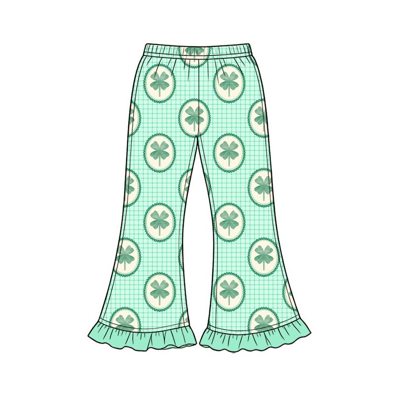 Preorder (moq 5) Baby Girl Clothes Vintage Clover Frame Grid Print Long Sleeve Ruffle Flare Pant