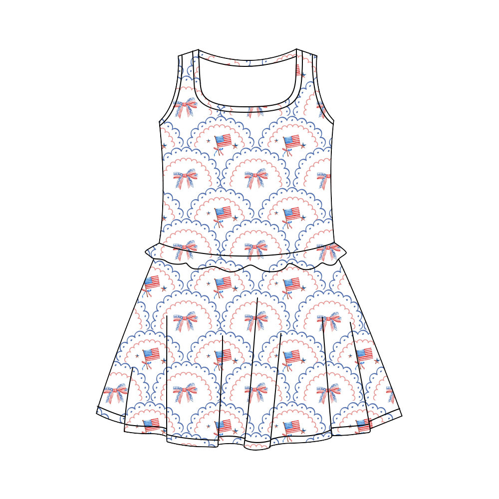 Preorder (moq 5)Baby Girls Bows Flags Checked 4th of July Knee Length Dresses