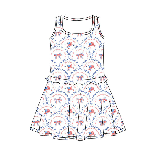 Preorder (moq 5)Baby Girls Bows Flags Checked 4th of July Knee Length Dresses