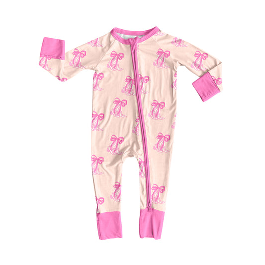 Preorder (moq 5)Baby Girls Pink Bow Boots Western Two Way Zip Convertible Rompers