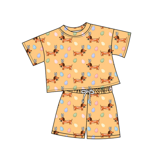 Preorder (moq 5)Baby Girls Short Sleeve Bunny Dogs Eggs Top Shorts Easter Clothes Sets